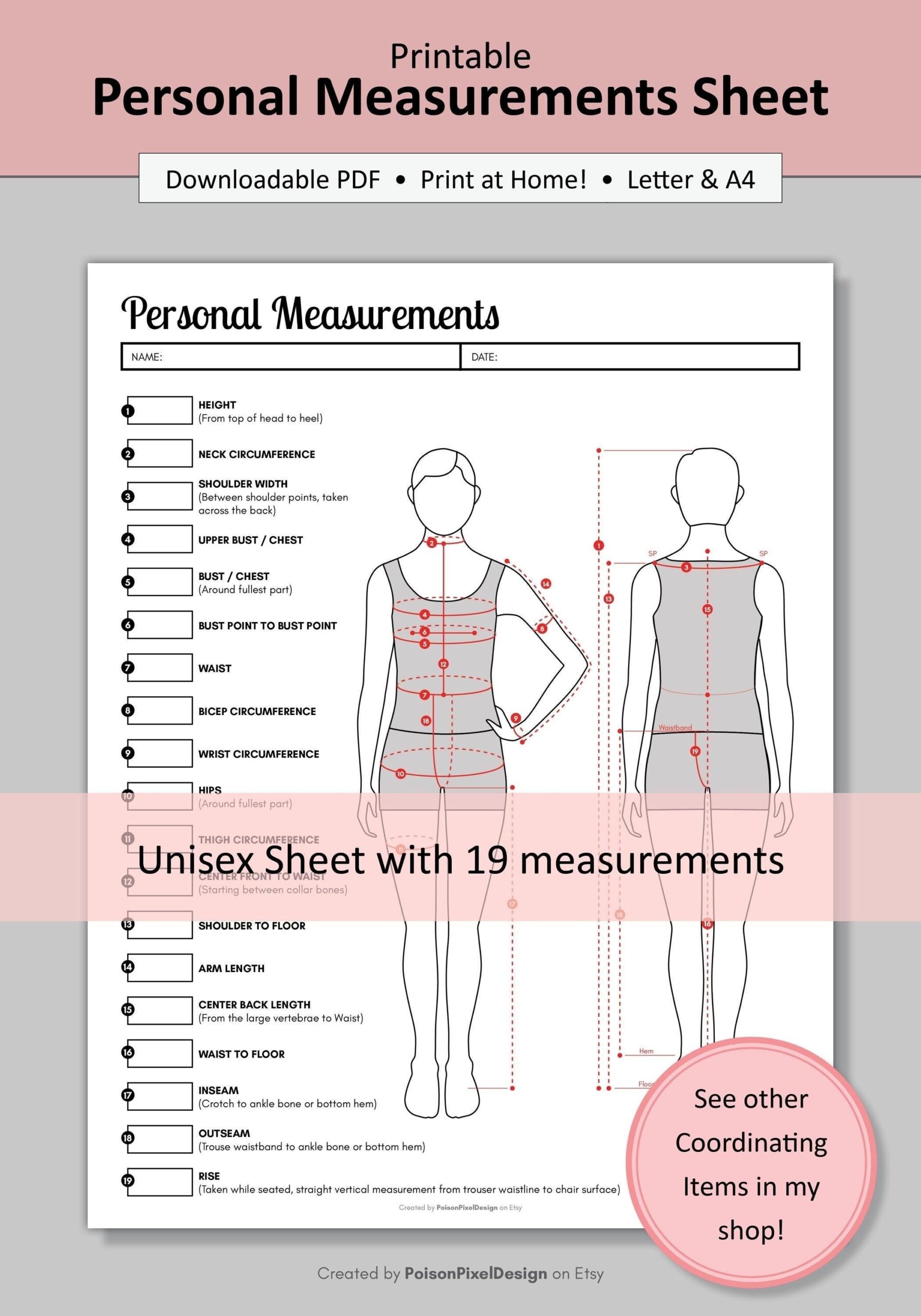 Printable Sewing Sheet Unisex Personal Measurement Chart Gender Neutral Measurement Chart Body Size Chart Etsy