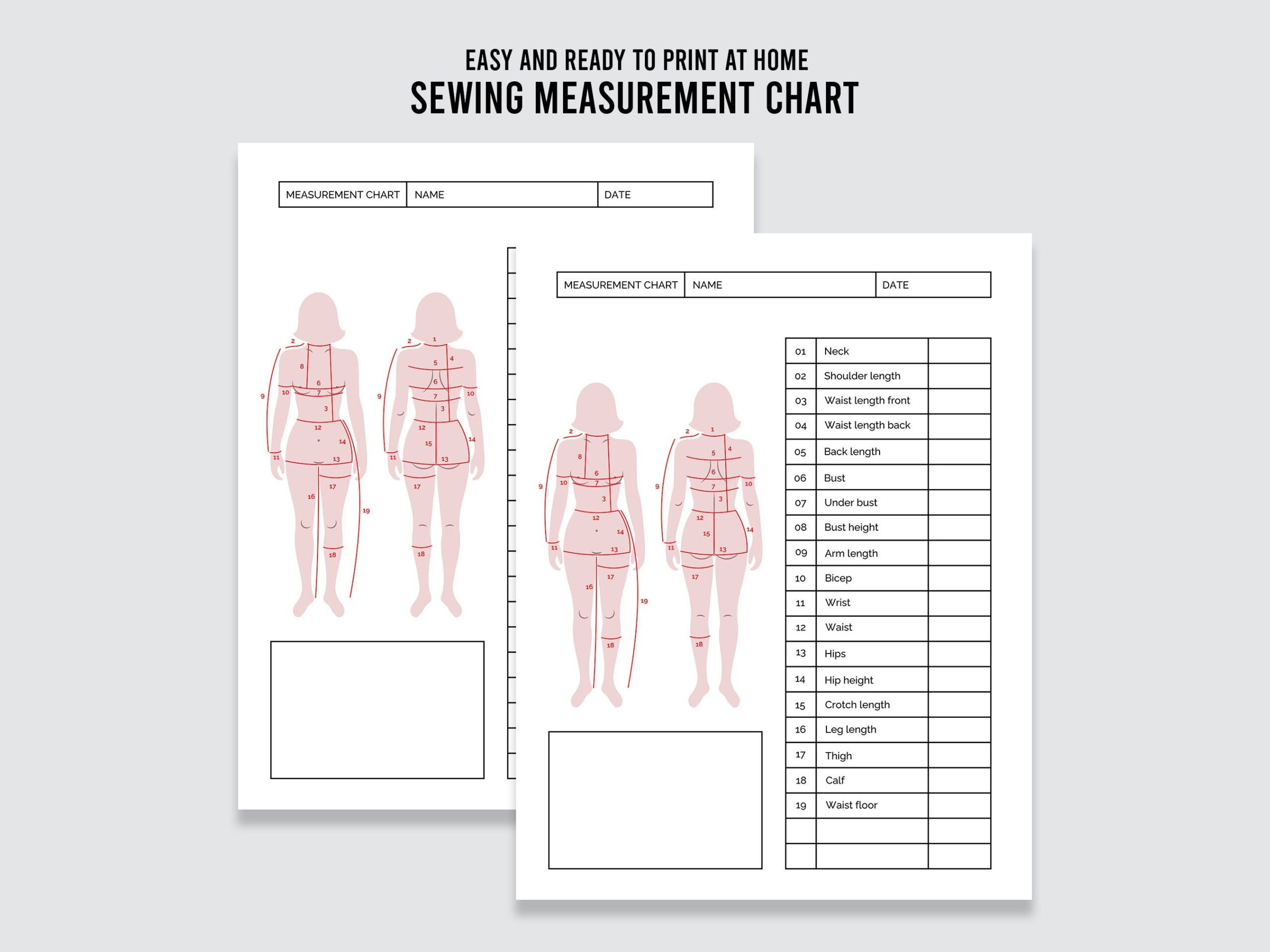 Sewing Measurement Chart Body Size Chart Sewing Worksheet Instant Download Digital Download PDF Etsy