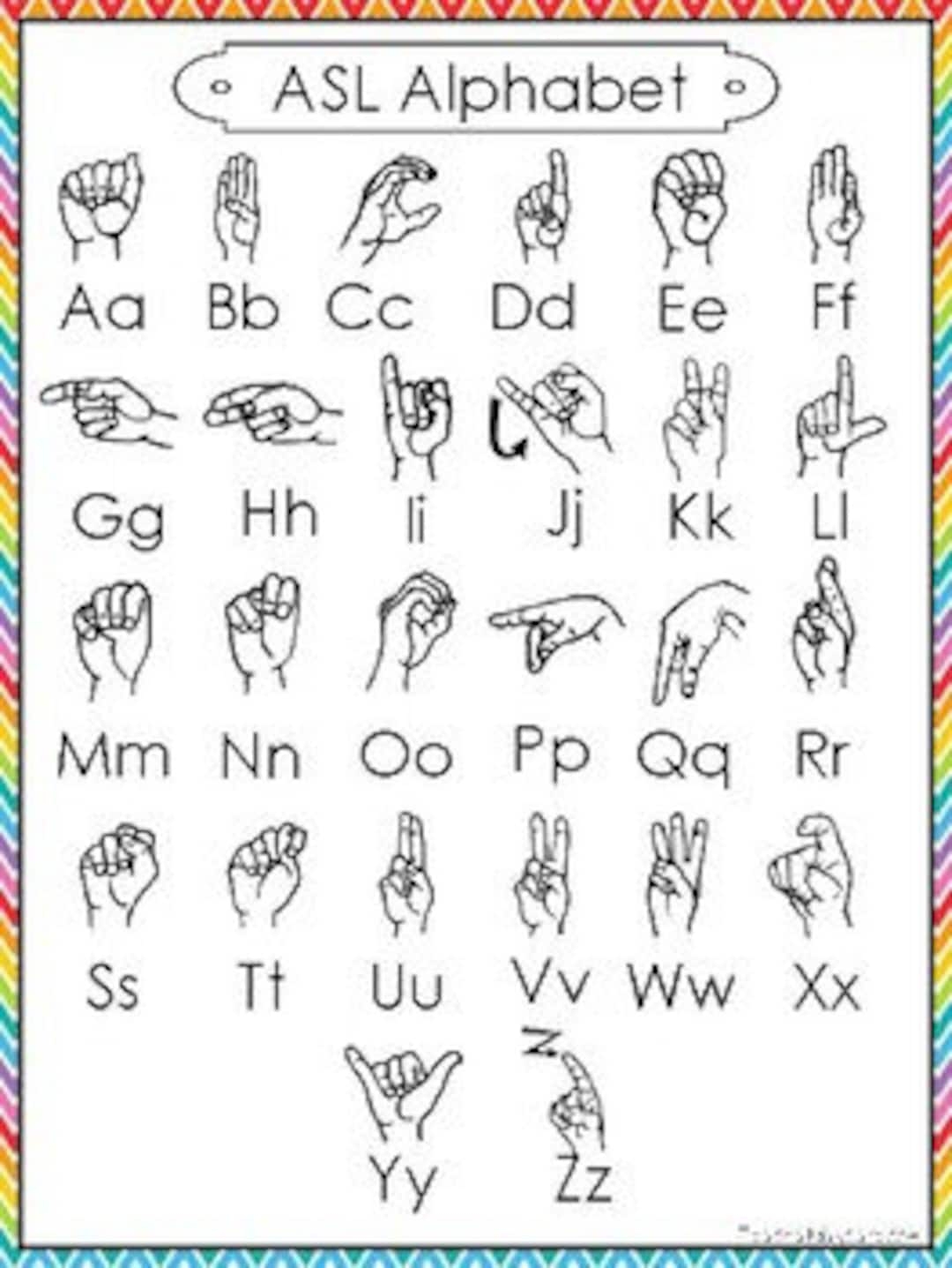 Single Printable Rainbow Border ASL Alphabet Reference Poster Prints 8 5 X 11 Inches Etsy