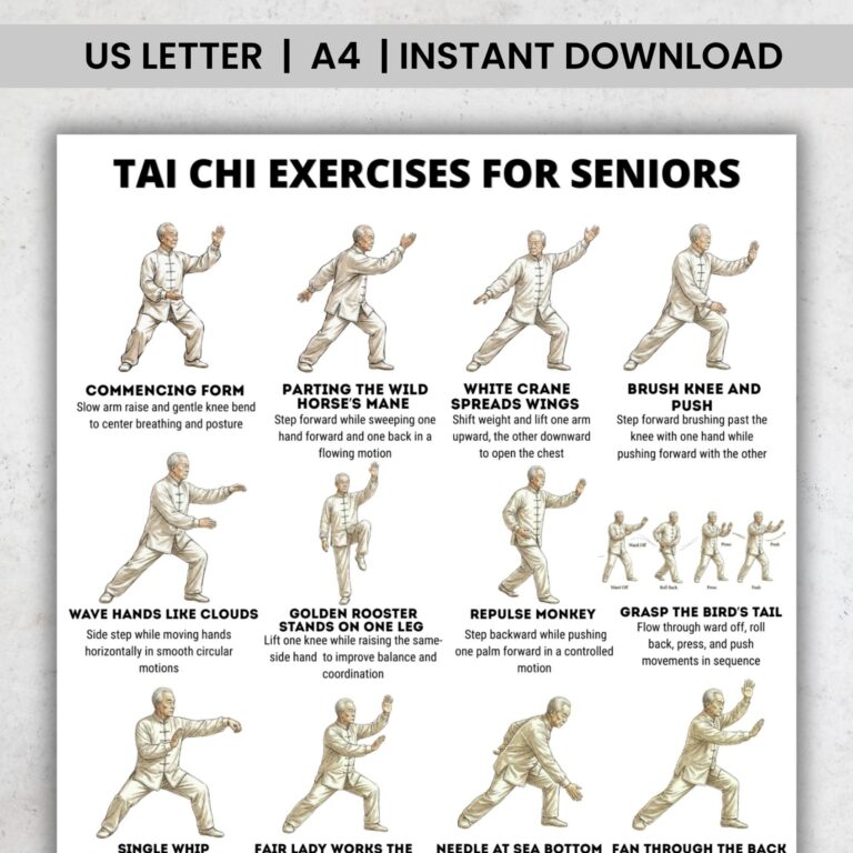 Tai Chi Exercises For Seniors Printable Poster PDF Gentle Balance Workout Chart Home Practice Training Guide Etsy