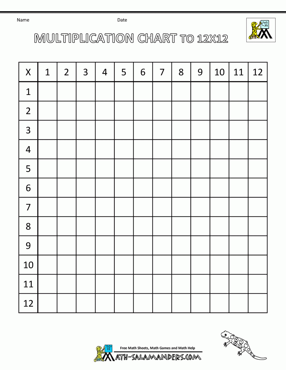 12x12 multiplication chart printable