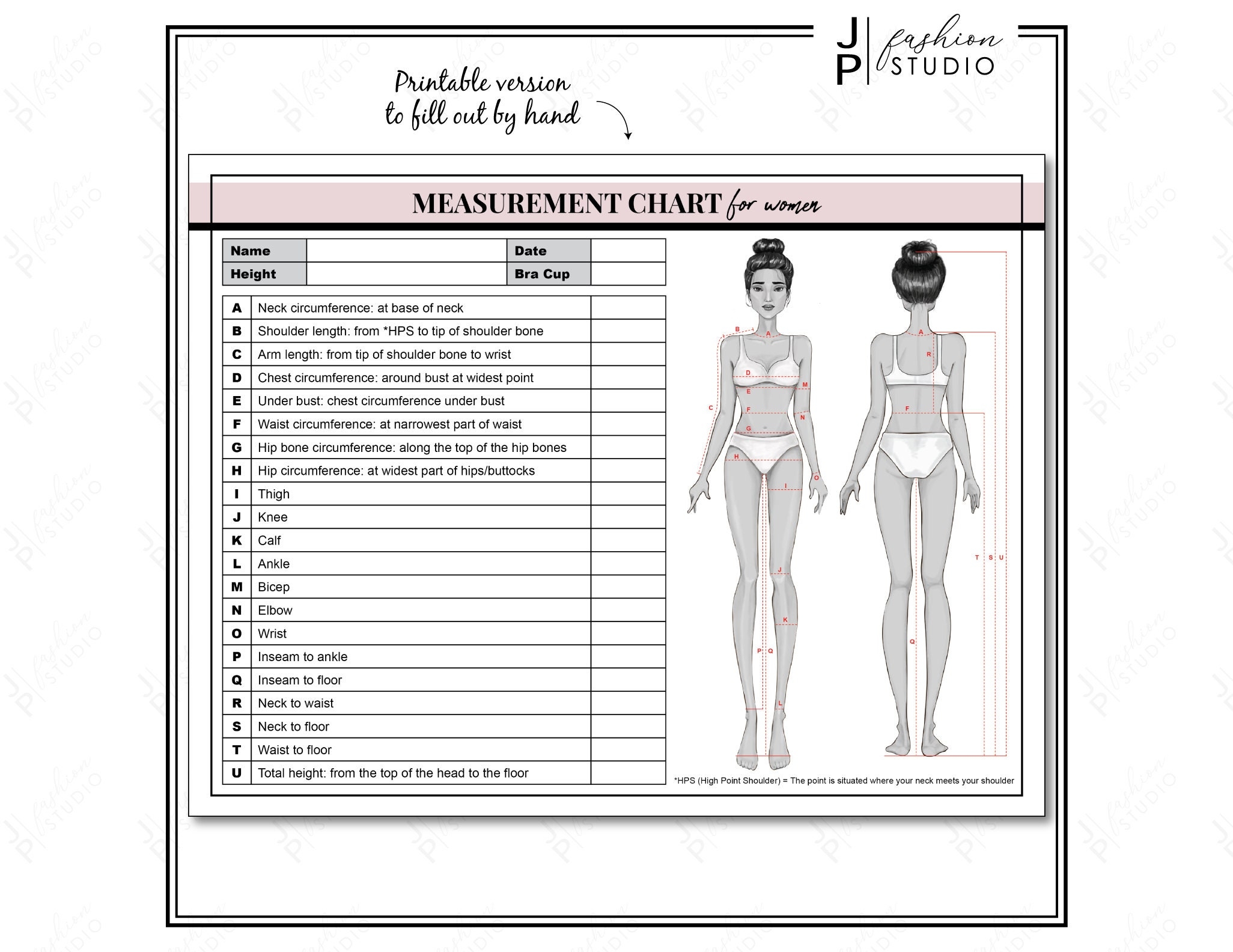 Women s Body Measurement Chart Fashion Design Template printable PDF JPG Etsy
