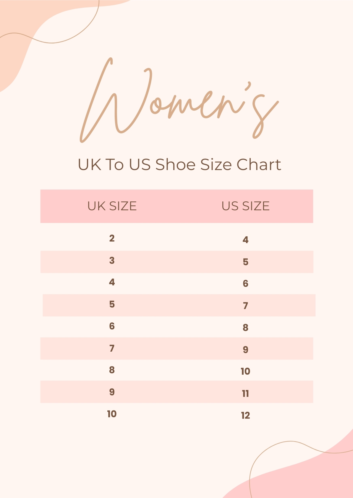 Women s Uk To Us Shoe Size Chart In Illustrator PDF Download Template